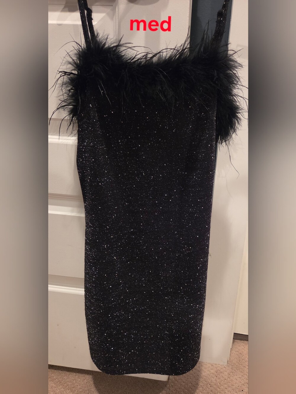 Black Sparkle Feather Trim Slip Dress